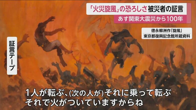 関東大震災時、東京・墨田区で起こった火災旋風が描かれた絵