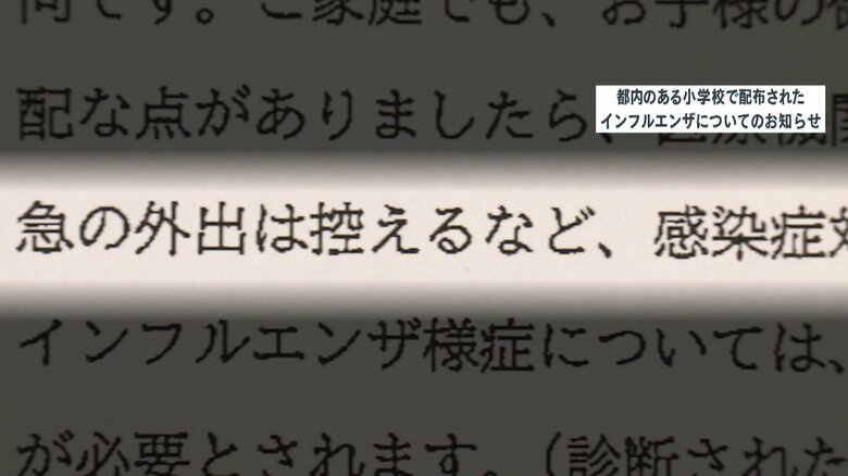 都内のある小学校で配布されたインフルエンザについてのお知らせ