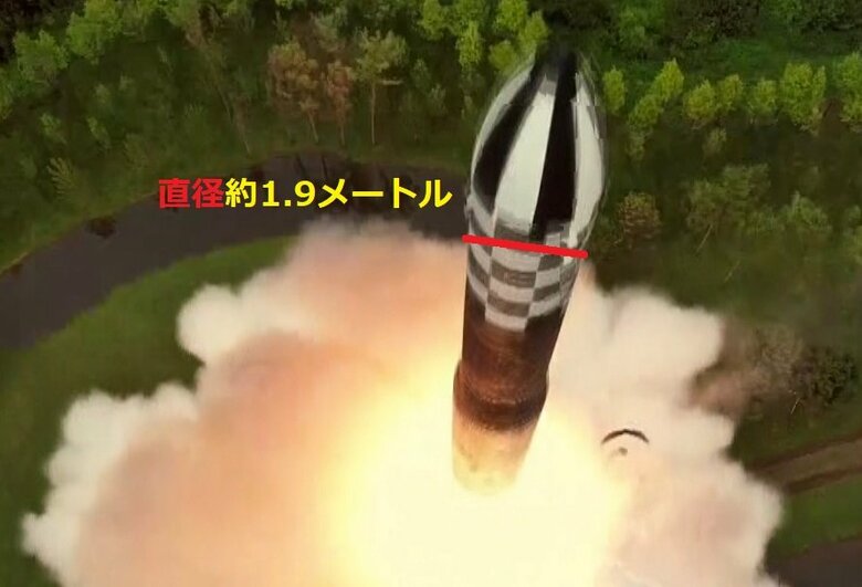 「火星18型大陸間弾道ミサイル」第三段の推定直径約1.9m（朝鮮中央テレビ・2023年7月13日）
