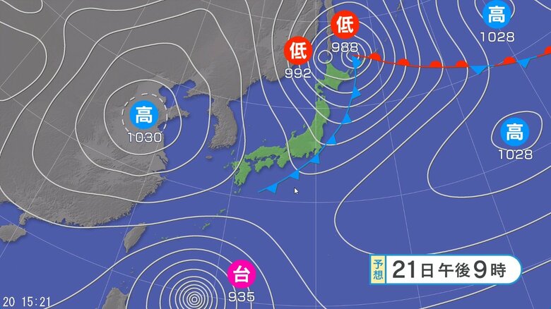 天気図　21日午後9時の予想