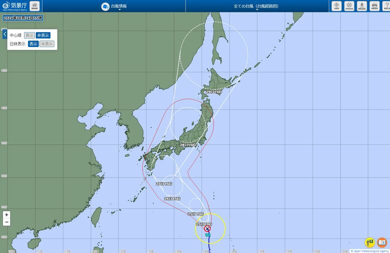 気象庁HPより　2024年08月24日15時発表の台風10号進路図