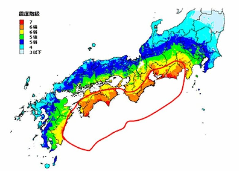 南海トラフ地震の想定震源域と震度予想（静岡県）