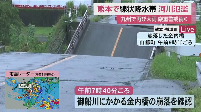崩落した、御船川にかかる金内橋（熊本・山都町 3日午前9時半ごろ）