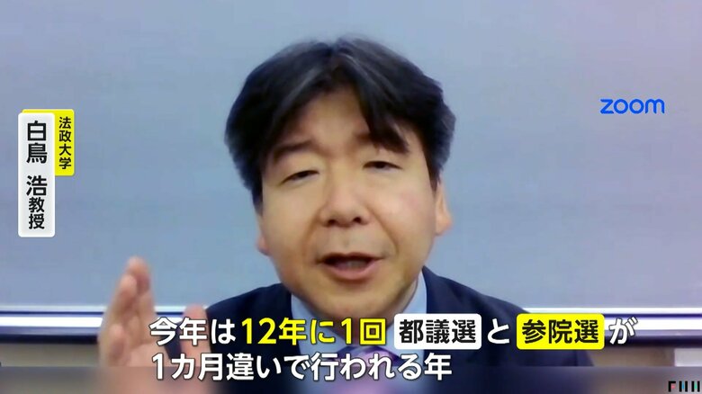 選挙掲示板について解説する法政大学・白鳥浩教授