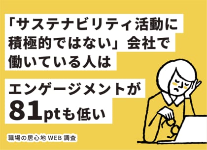 【職場の居心地WEB調査】「サステナビリティ活動に積極的ではない」会社で働いている人は、エンゲージメントが81ポイントも低い