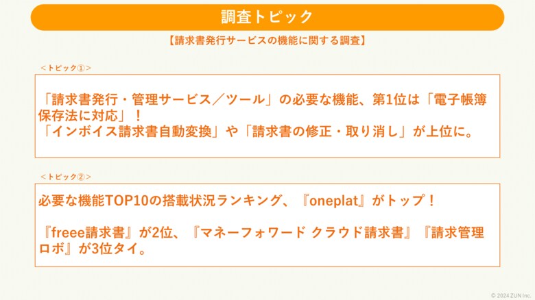 【請求書発行サービスの「機能」に関する調査】必要な機能(TOP10)の搭載ランキング1位は「oneplat」!