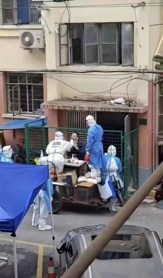 柵越しに行われたPCR検査には牢獄での出来事のようだとの批判も（中国のSNSより）