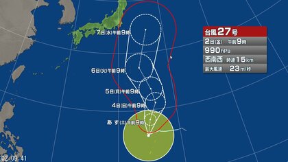 【台風情報】台風27号の進路予想　4日に「非常に強い勢力」で小笠原近海に進む見通し　中心気圧945hPa　中心付近の最大風速45m/sの予想　予報円の西よりの進路をとった場合は関東も風など影響か　