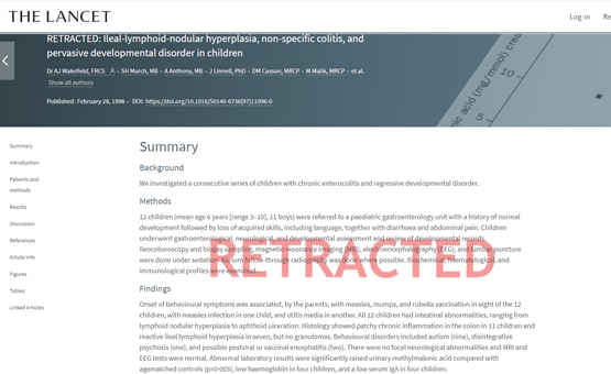 撤回と大きく書かれた新三種混合ワクチンについての論文 「Lancet」ホームページより。
