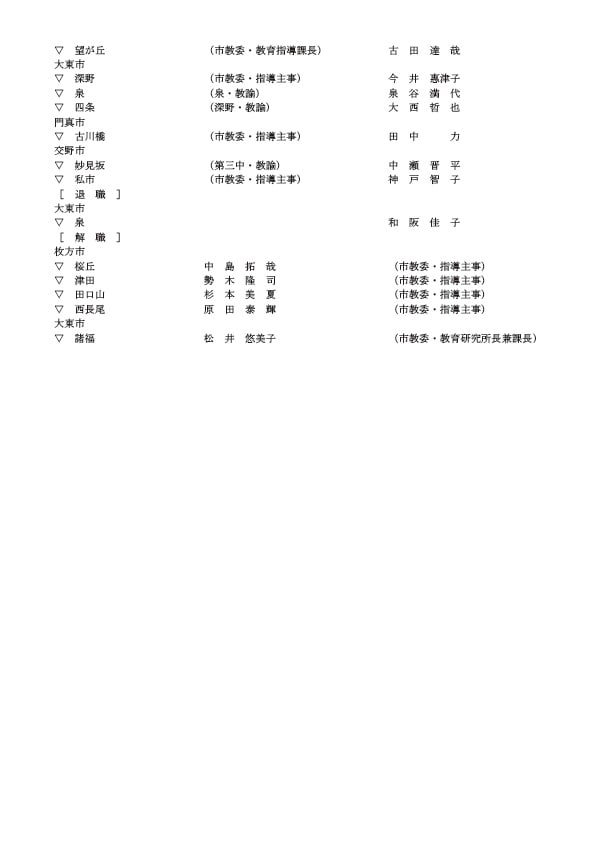 小学校の教頭・新任・退職・解職