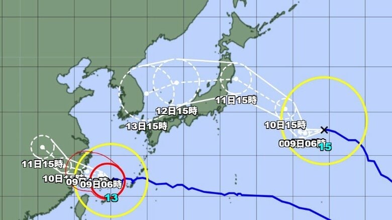 【台風情報】ダブル台風の今後の進路予想は　台風15号は11日（火）午後3時には三陸沖に達する予報　台風15号は9日（日）午前6時には東シナ海に達する予報｜FNNプライムオンライン
