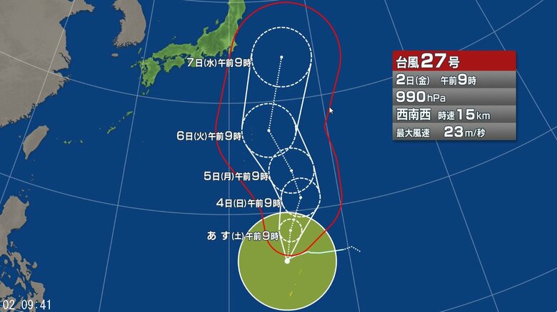 【台風情報】台風27号の進路予想 4日に「非常に強い勢力」で小笠原近海に進む見通し 中心気圧945hPa 中心付近の最大風速45m/sの予想 予報円の西よりの進路をとった場合は関東も風など影響か |FNNプライムオンライン