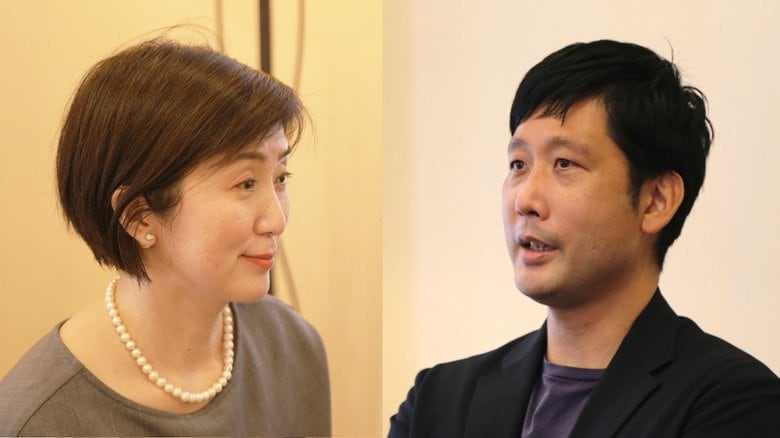 佐々木恭子アナウンサー（左）と田中俊之准教授（右）