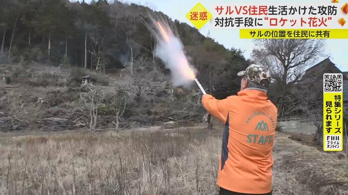 サルが住宅街へ向かう前に、専用の花火で追い払う