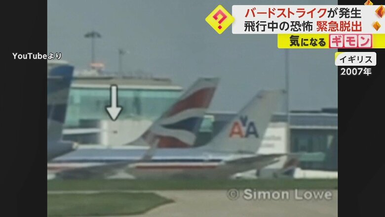 バードストライク発生の瞬間を捉えた映像　矢印下の黒い点が鳥