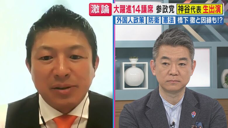 神谷代表と橋下徹氏（関西テレビ「旬感LIVE とれたてっ！」より）