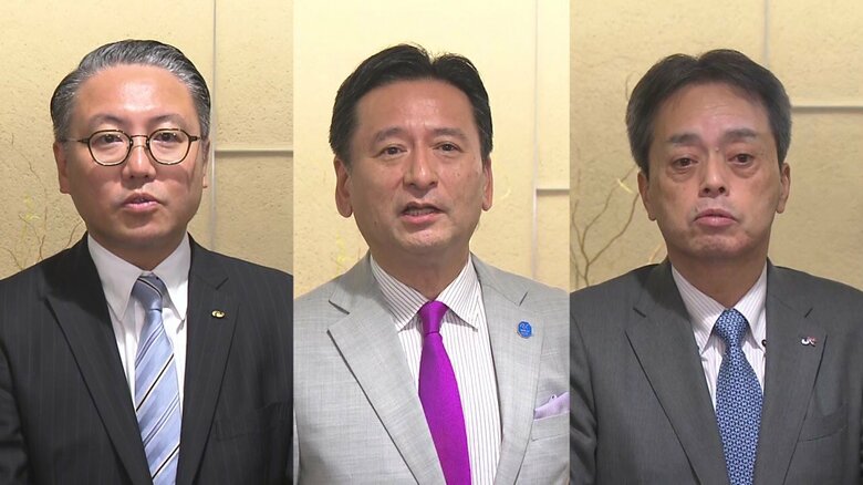 （左から）長崎県の大石知事・佐賀県の山口知事・JR九州の古宮社長