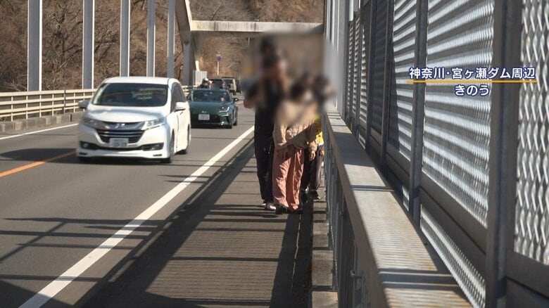 橋の上から景色を楽しむ観光客