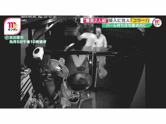 突然の怒鳴り声に慌てた2人組は、慌てて門を飛び越えようとするが、1人は足をぶつけ転げ落ちる