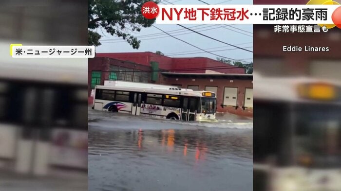 水の中をかき分けるように走るバス
