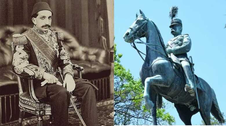 オスマン帝国第３４代皇帝アブデュルハミト２世（左）【トルコ国立宮殿局提供】　上野公園にある小松宮彰仁親王の銅像（右）