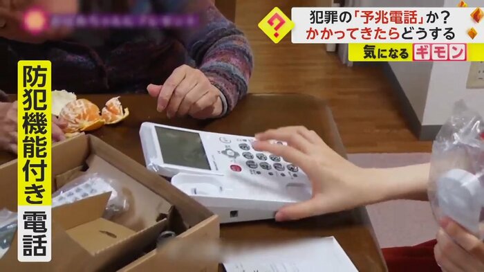 高齢の女性に防犯機能付き電話を見せる