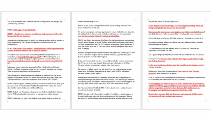 施政方針演説の原稿の一部 赤色で表記した部分は急遽追加された発言。中国への発言での加筆が目立つ