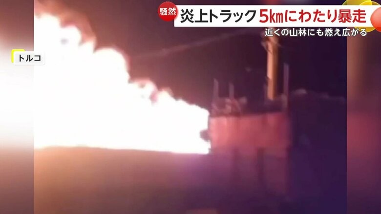 約5kmにわたって暴走、近くの山林にも燃え広がったという炎上したトラック