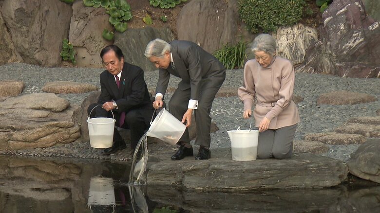 平成24（2012）年11月 ヒレナガニシキゴイを放流される上皇ご夫妻