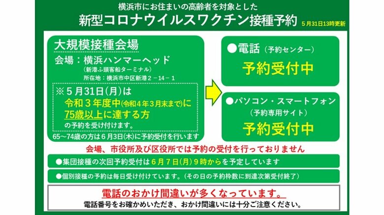 横浜市が新型コロナワクチンの大規模接種会場を6月6日に設置  75歳以上は5月31日から予約受付