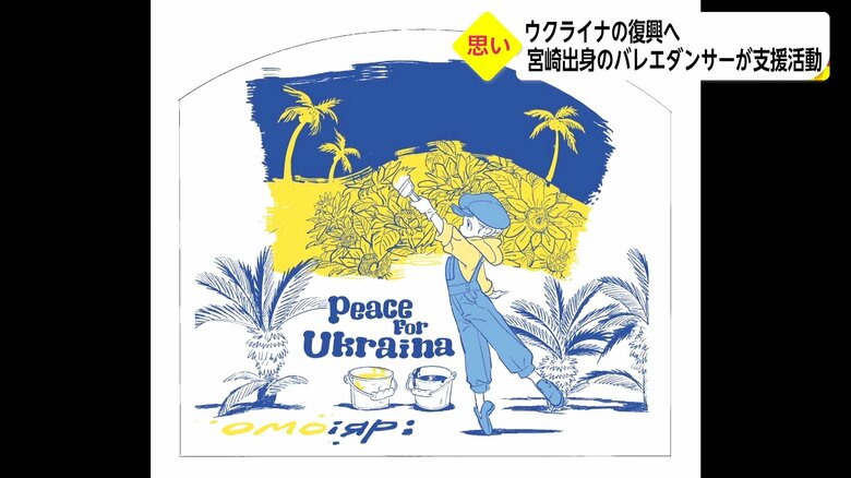 ウクライナ国花のヒマワリと宮崎のシンボル・ヤシの木が描かれている