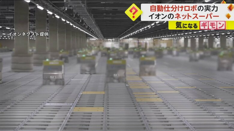 倉庫で数十台の自動ロボットが働いている