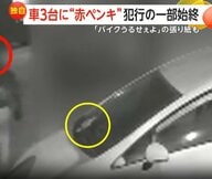 「何でこんなこと…」車3台に“真っ赤なペンキ”…防犯カメラの角度変更も別のカメラに犯行の一部始終　「バイクうるせぇよ」“謎の”張り紙も
