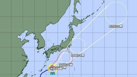 【台風情報】強い台風26号の進路予想　28日午後9時には南大東島の東約230キロ、中心気圧965ヘクトパスカル　1日午後9時には、日本の東に達する予想