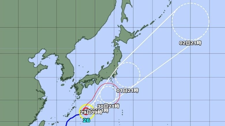 【台風情報】強い台風26号の進路予想　28日午後9時には南大東島の東約230キロ、中心気圧965ヘクトパスカル　1日午後9時には、日本の東に達する予想｜FNNプライムオンライン