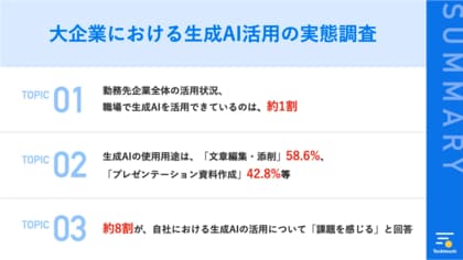 【生成AI、大企業の活用実態は?】職場で生成AIを活用できているのは、約1割の実態。約8割の企業が、自社における生成AIの活用に課題