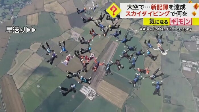 スカイダイバーたちのフォーメーションが万華鏡の模様のように変わる