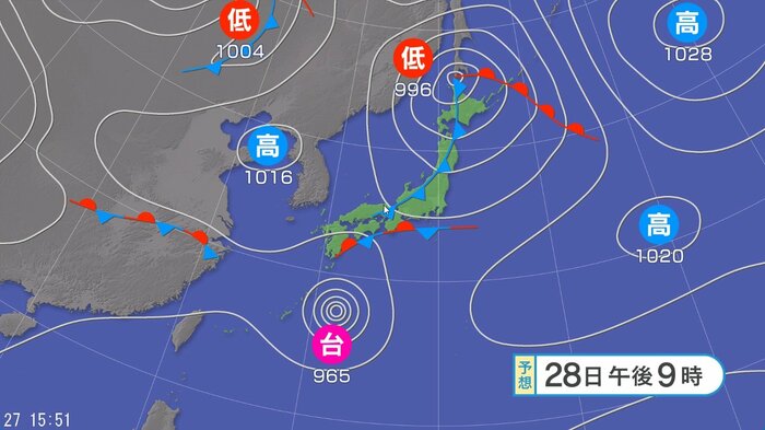 天気図　28日午後9時の予想