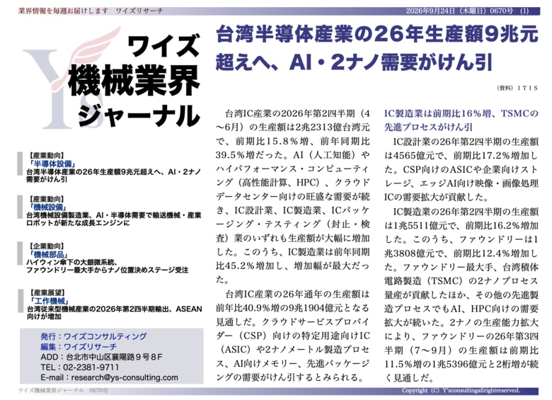 【台湾情報】台湾半導体産業、2026年生産額は前年比40.9%増の9兆台湾元超えの予測＜ワイズリサーチ・最新レポート＞