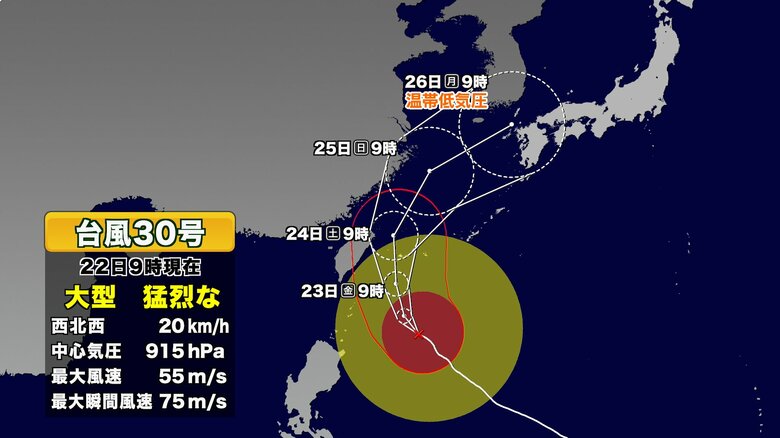 【台風情報】大型で猛烈な台風30号の進路予想 沖縄で23~24日に猛烈な風、住家倒壊のおそれも |FNNプライムオンライン