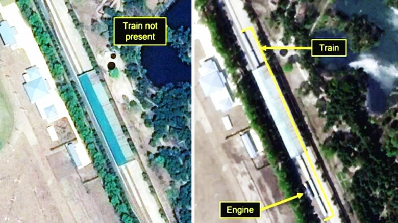 元山の駅に特別列車らしい車両が停車している最新の衛星写真（右）（左は4月14日撮影）