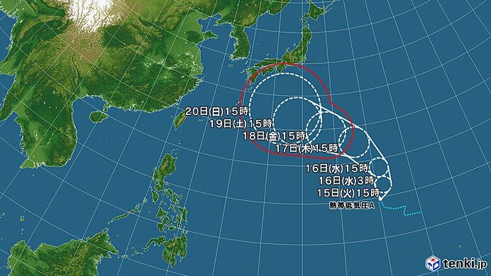 熱帯低気圧の進路予想図(日本気象協会tenki.jpより)