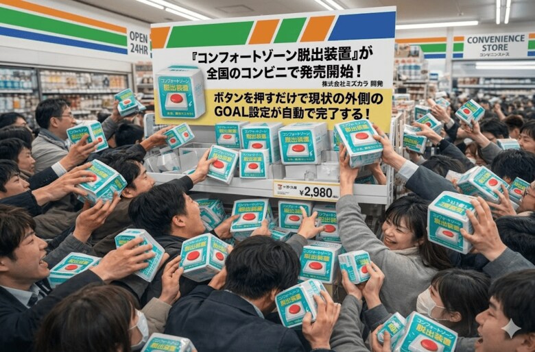 「コンフォートゾーン脱出装置」が全国のコンビニで発売開始！現状の外側のGOAL（目標）設定により夢中に生きられる人が増加