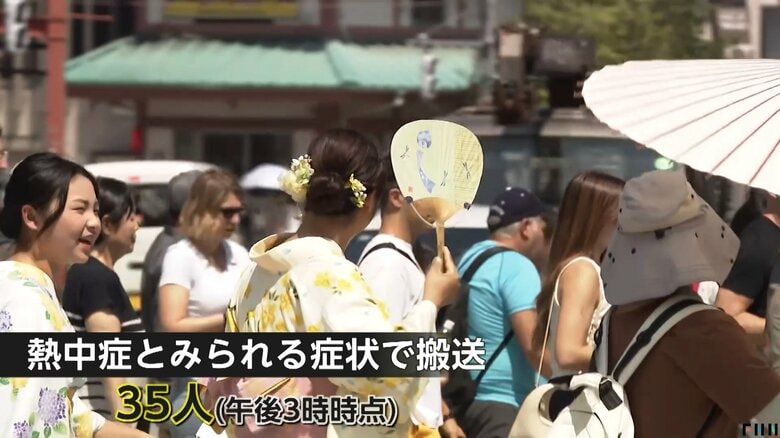 厳しい暑さの中、うちわや日傘を差して歩く人々