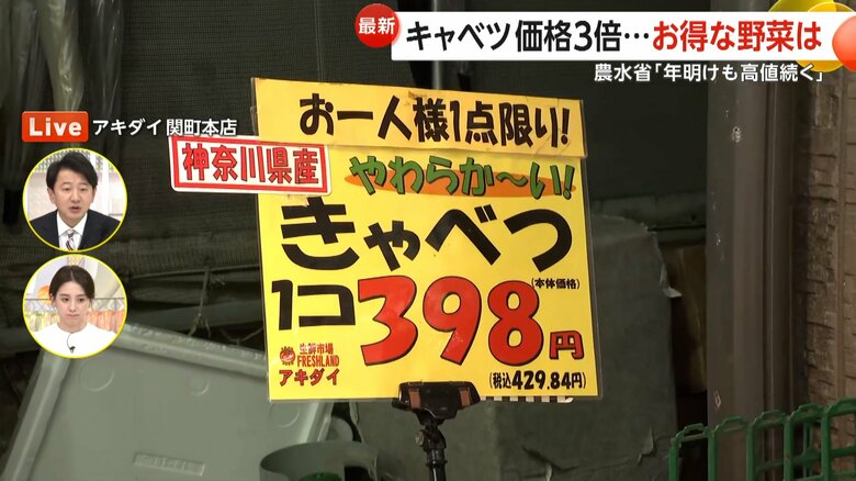 例年の3倍近い1個398円で販売されるキャベツ