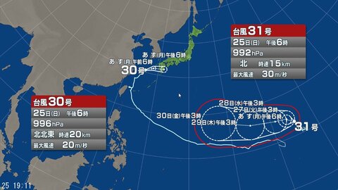 【台風情報】ダブル台風が発生中　台風30号から変わる温帯低気圧や前線の影響　26～27日は九州から関東甲信にかけ広い範囲で大雨の恐れ　台風31号の進路予想は