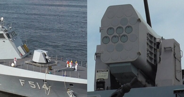 「クナルアダ」に搭載された76mm速射砲（左）、RAM対空ミサイル・ランチャー（右）（6月12日）