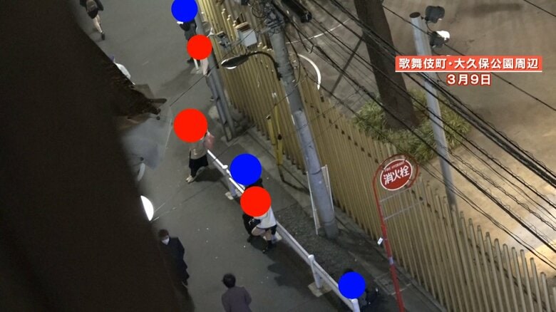 ガードレール1区切りに1人の割合で女性が立っている