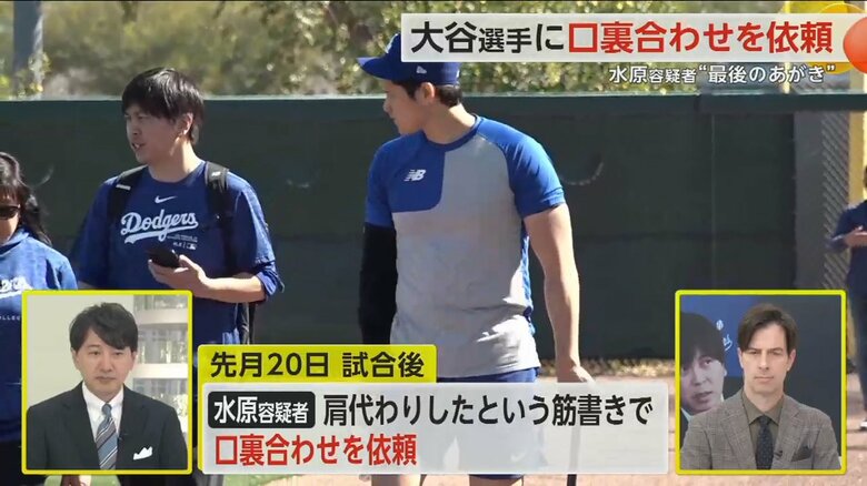練習中の大谷翔平選手と元通訳の水原容疑者の様子
