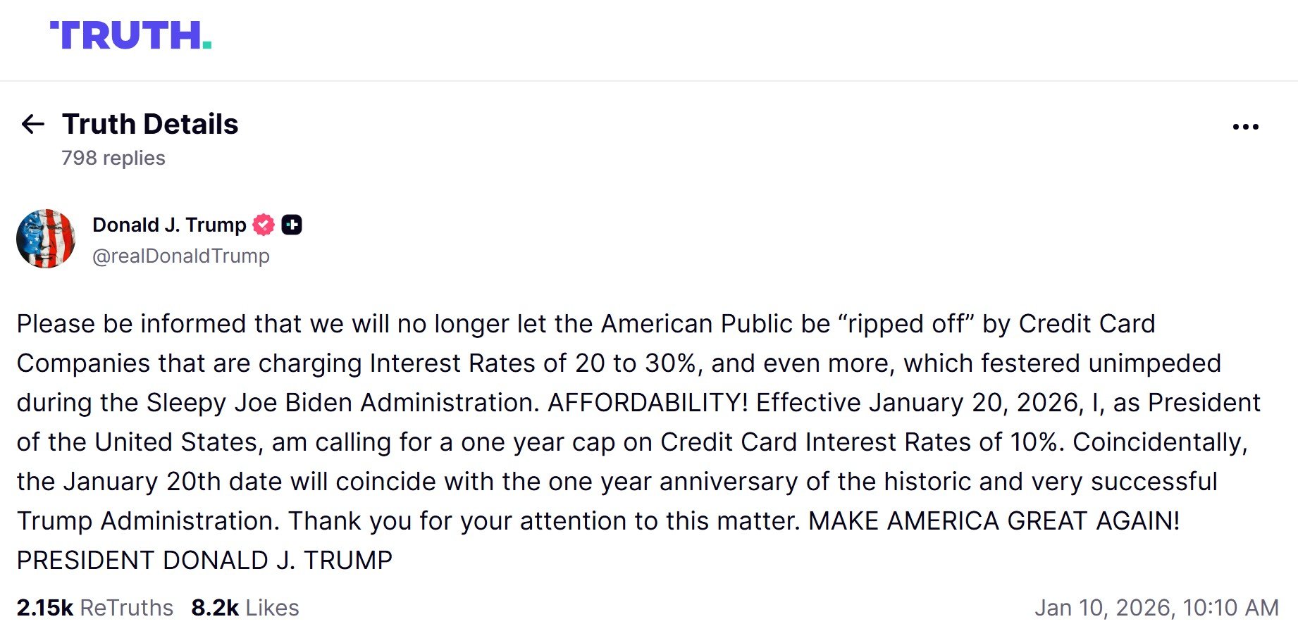 トランプ大統領「クレジットカード金利上限を1年間10％にする」と発表  物価高対策や生活費高騰対策をアピールする狙いか（FNNプライムオンライン）｜ｄメニューニュース（NTTドコモ）